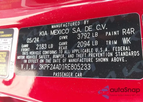 2024 Kia Forte Lx from USA, damaged, VIN 3KPF24AD1RE805233